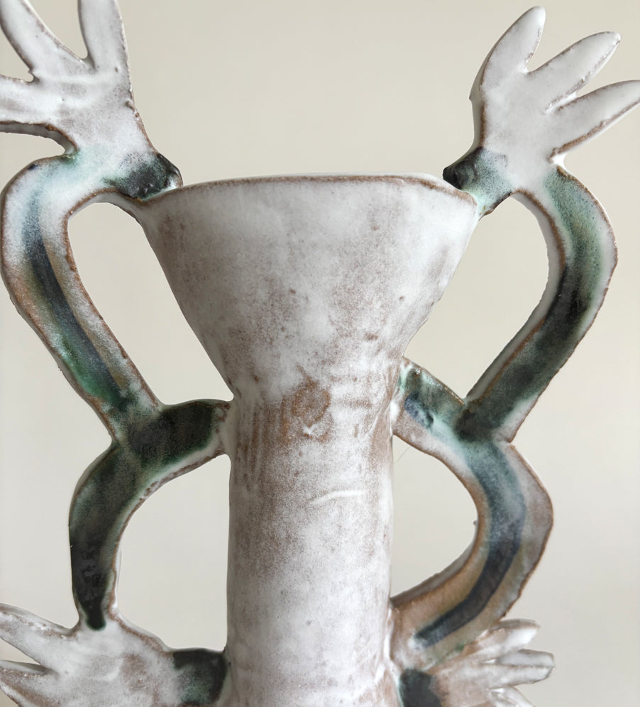 Four Cyclamens Candle holder / Dark green & White