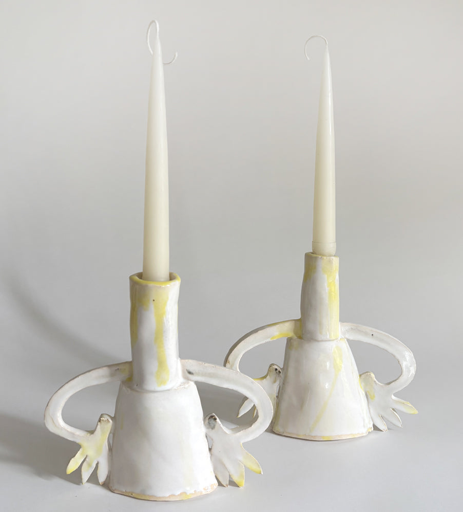 Pair of cyclamens candle holders / Yellow & White