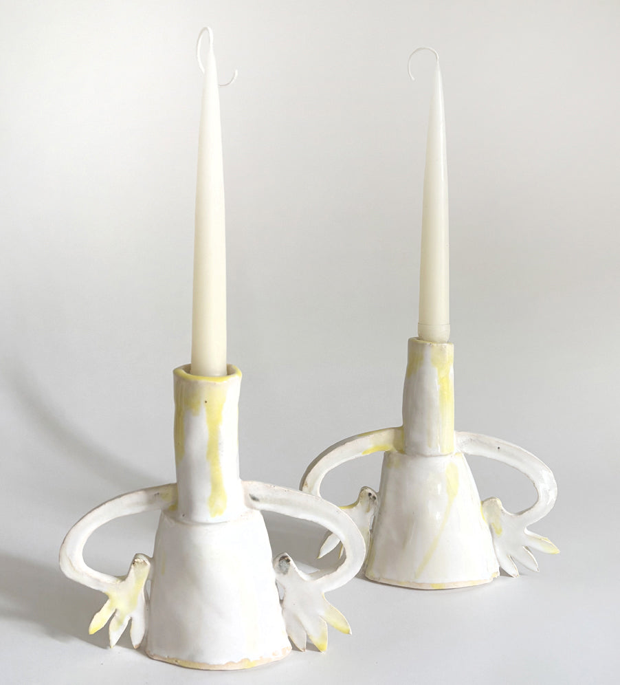 Pair of cyclamens candle holders / Yellow & White