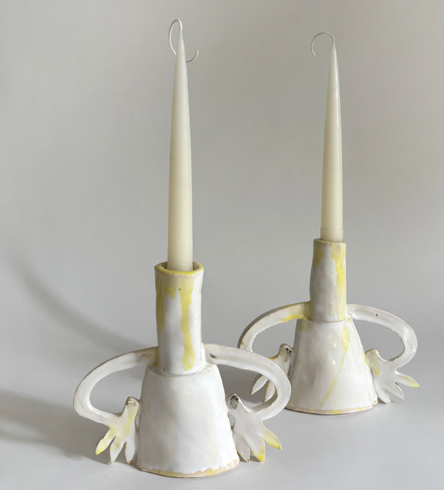 Pair of cyclamens candle holders / Yellow & White