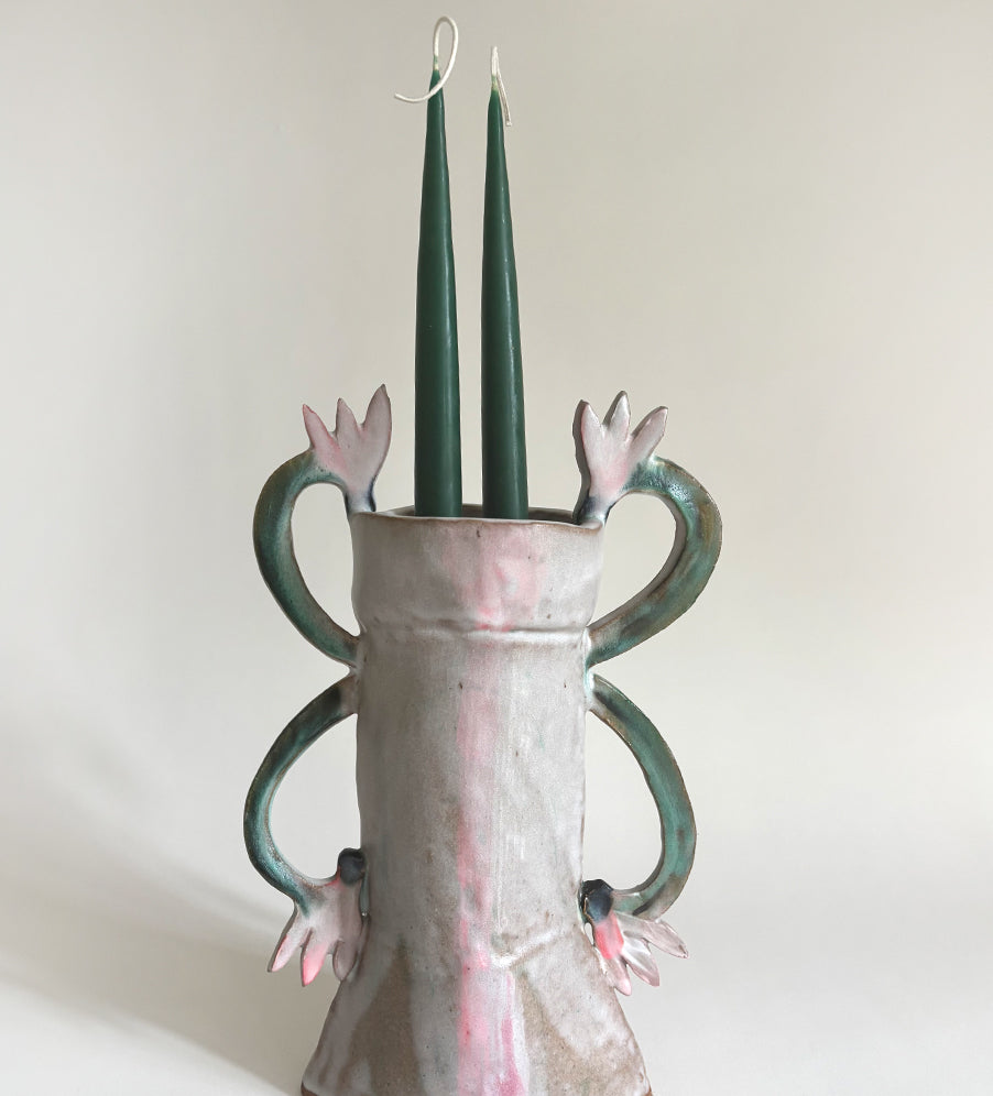 Cyclamens Candle holder / Dark green, White, Pink
