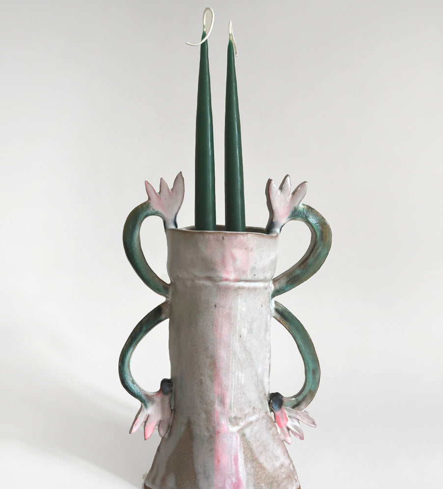 Cyclamens Candle holder / Dark green, White, Pink