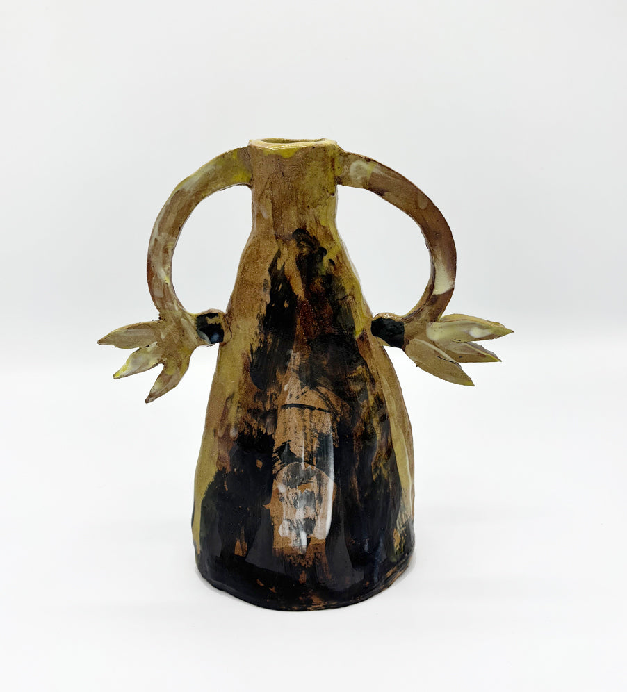 Two cyclamens on top of the mountain - ceramic candle holder (black and chartreuse)