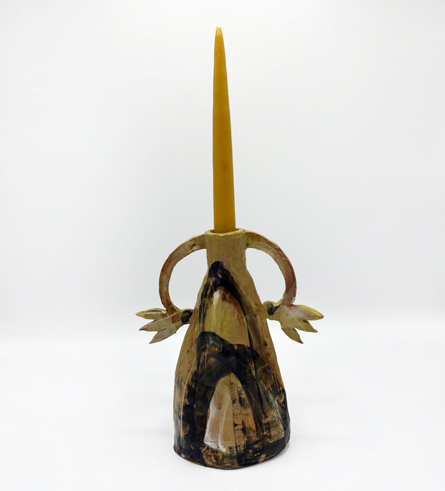 Two cyclamens on top of the mountain - ceramic candle holder (black and chartreuse)