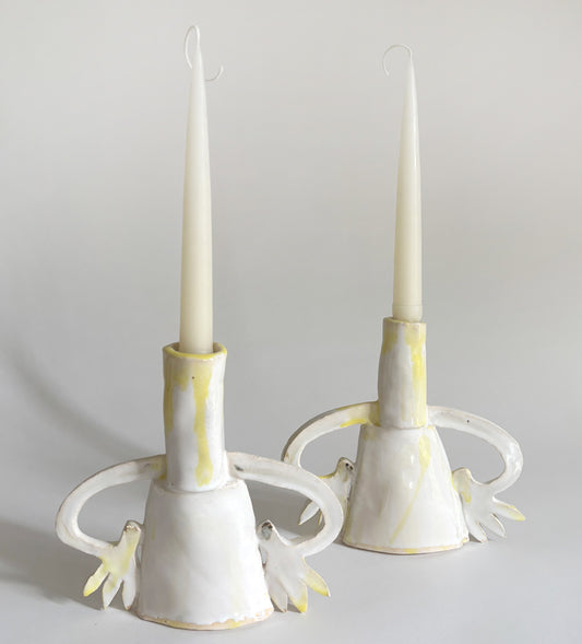 Pair of cyclamens candle holders / Yellow & White