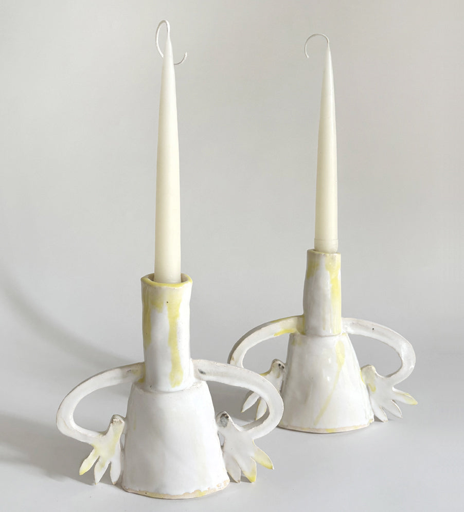 Pair of cyclamens candle holders / Yellow & White