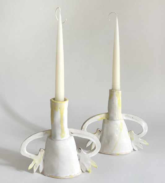 Pair of cyclamens candle holders / Yellow & White